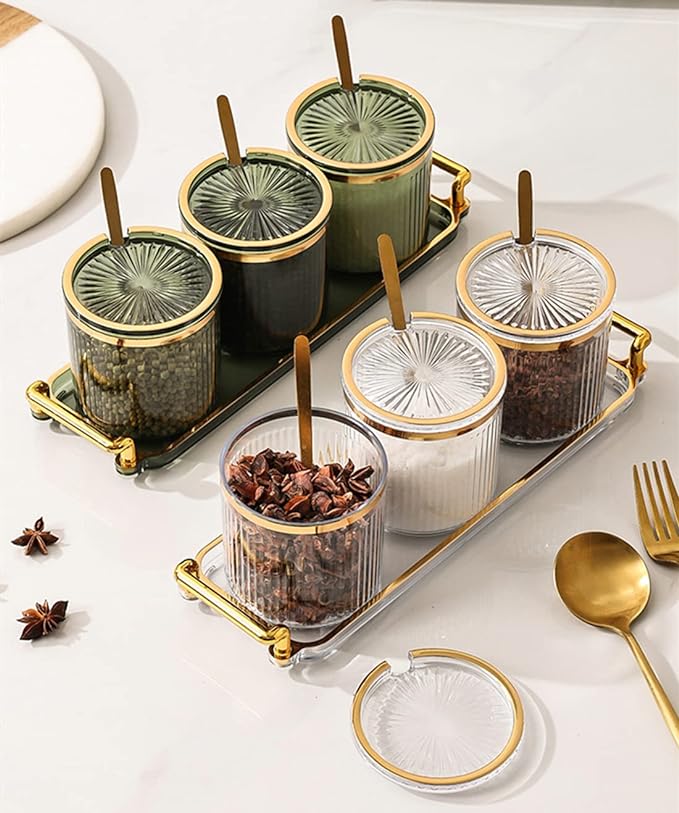 Acrylic Condiment Spice Jars,Condiment Spice Box With Lids and Spoons and Tray,Clear Plastic Condiment Canisters,Seasoning Box 6 Pack,Seasoning Box Set for Kitchen to Storage Salt,Paprika,Sugar