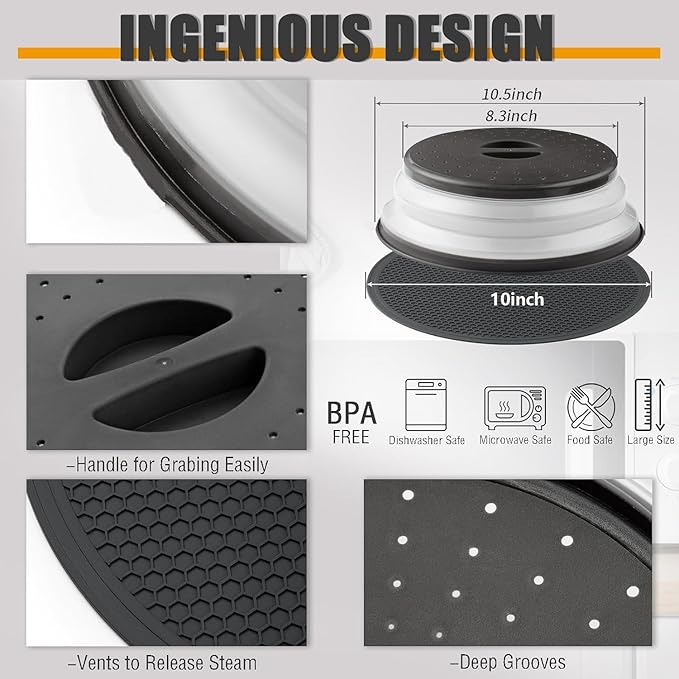 Microwave Splatter Cover & Silicone Mat – Collapsible, Vented, Reusable Food Guard and Plate Cover with Heat-Resistant Trivet for Pots, Pans, and Kitchen Counter, Black