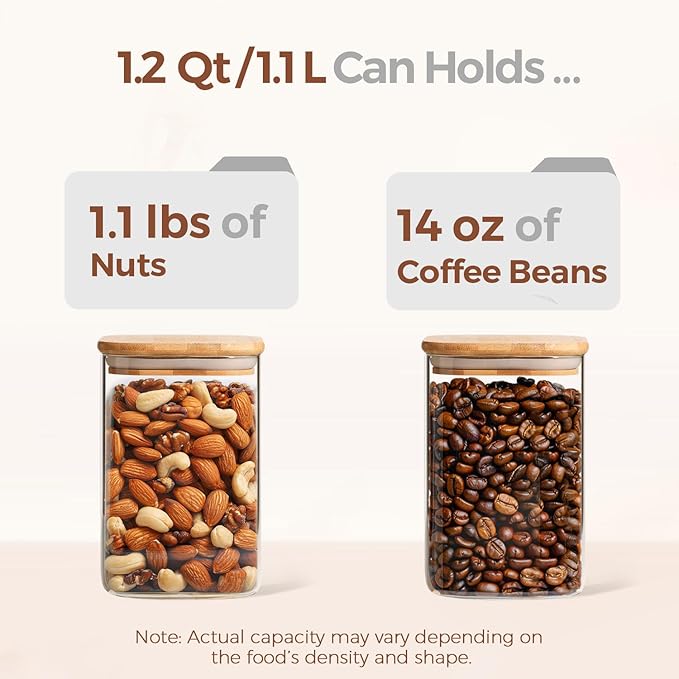 ComSaf 1.2 QT Glass Storage Containers with Lids, Glass Jars with Lids, Clear Food Jar, Square Canister Set of 6, Pantry Organizers and Storage for Cookie Flour Oat Pasta Tea Coffee Bean