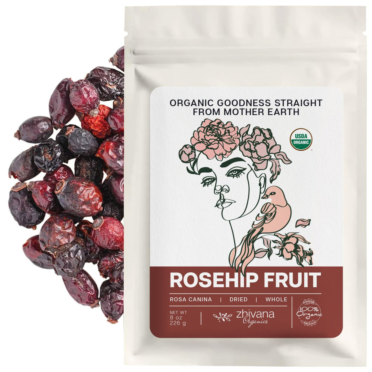 Rosehip Tea Organic (8oz.) – Dried Rose Hip Fruit Whole – Source of Vitamin C from Food
