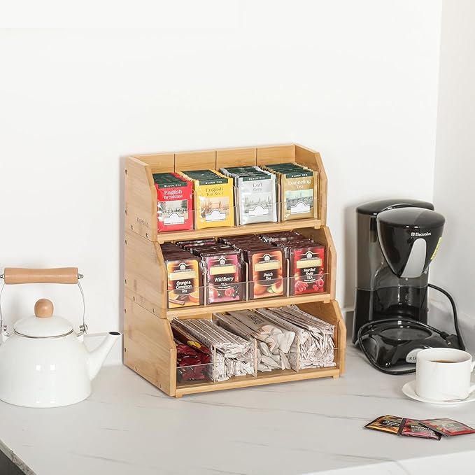 TIOPGHAD 3 Layer Stackable Bamboo Tea Bag Organizer Storage Holder for Tea Bags Wood Tea Box Containers Tea Rack Teabag Station Stand for Cabinet Countertop Office(Patented Design)