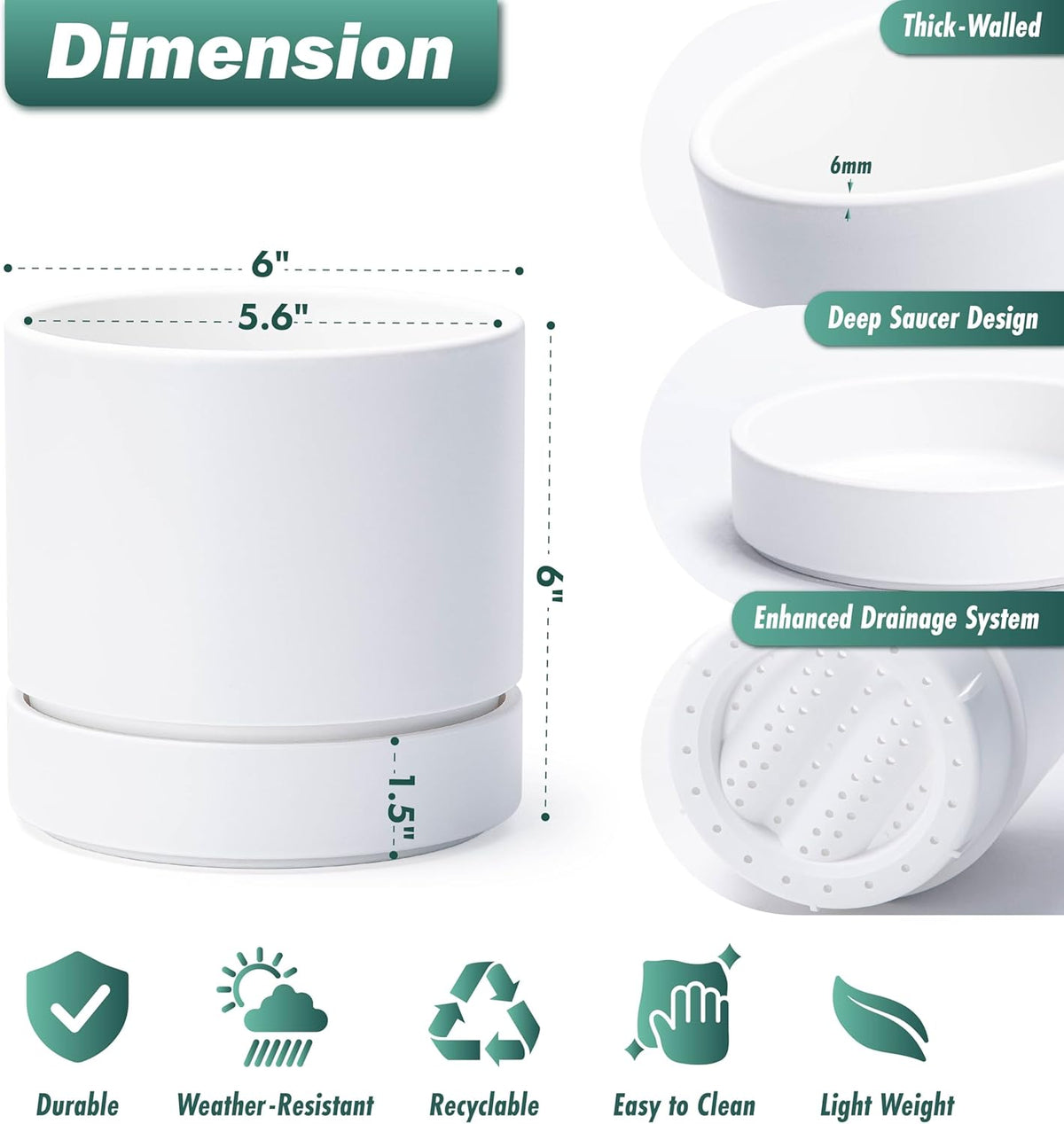 Phoenix Vine 6 Inch Planter Pot with Drainage Hole & Saucer, Deep Water Catch Tray, Straight Cylindrical Round Pot for Plants, Matte White, Pack of 4, 23-B-S-4