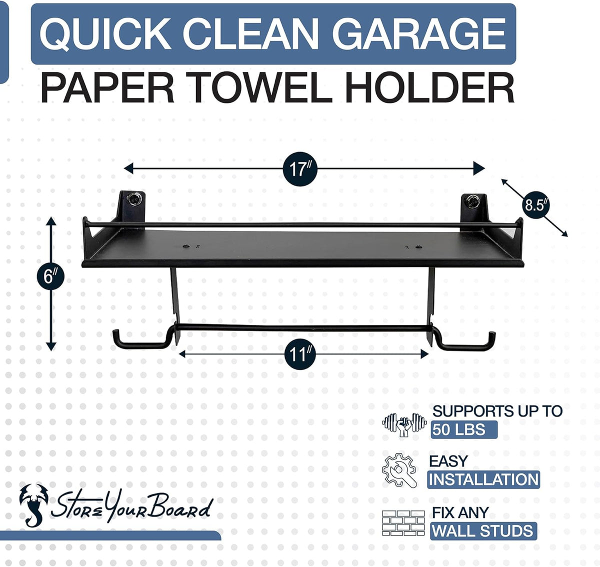 StoreYourBoard Paper Towel Holder Wall Mount with Garage Shelf – Heavy Duty Garage Wall Shelving and Utility Shelves for Workshop Organizers, Paper Towel Storage, & Shelf Use - Black