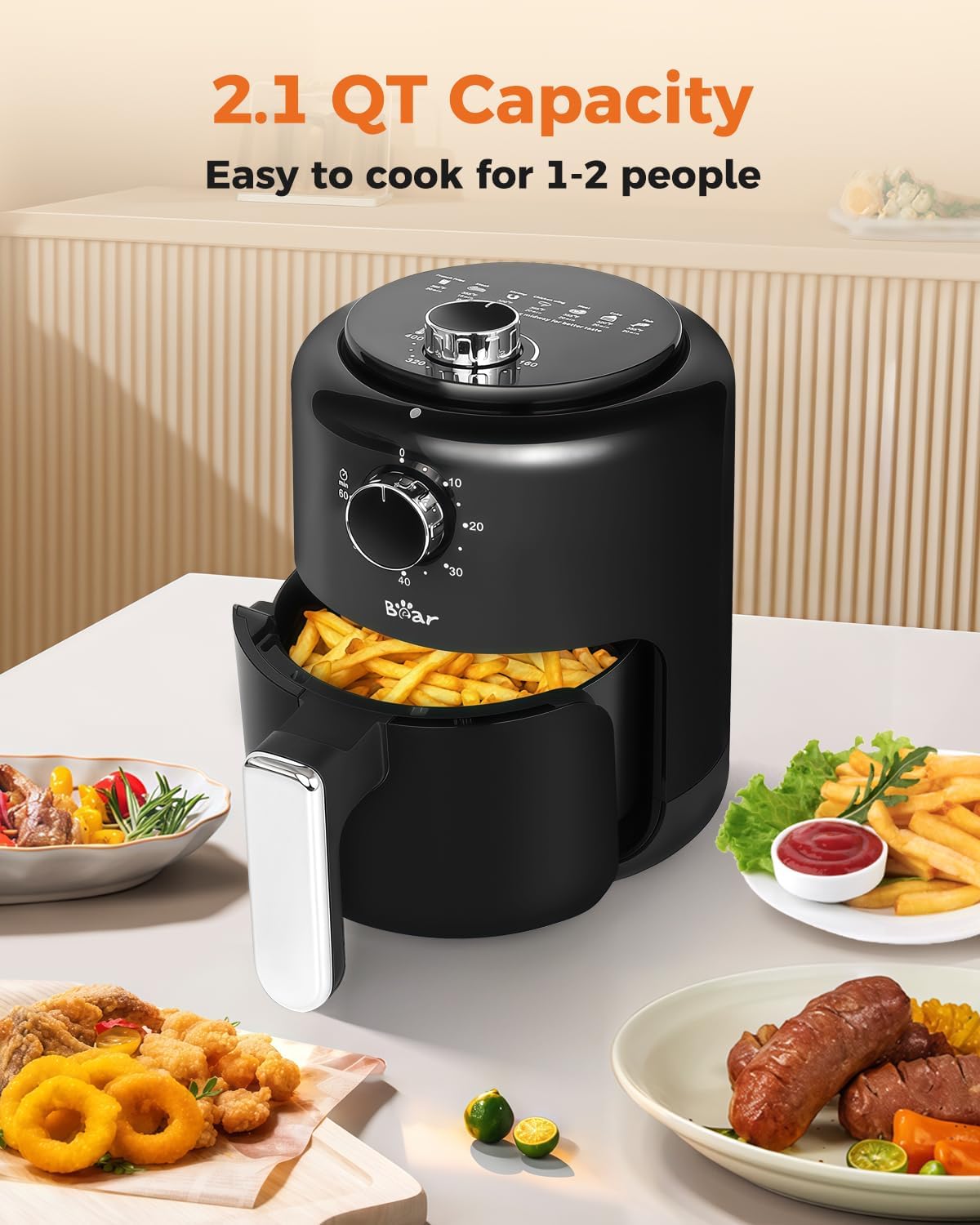 Bear Small Air Fryer 2.1 QT, Mini Airfryer Adjustable Time&Temp Control, Compact Size Space Saving for 1-2 People Quick Healthy Meals Snack in Minutes with Nonstick Basket