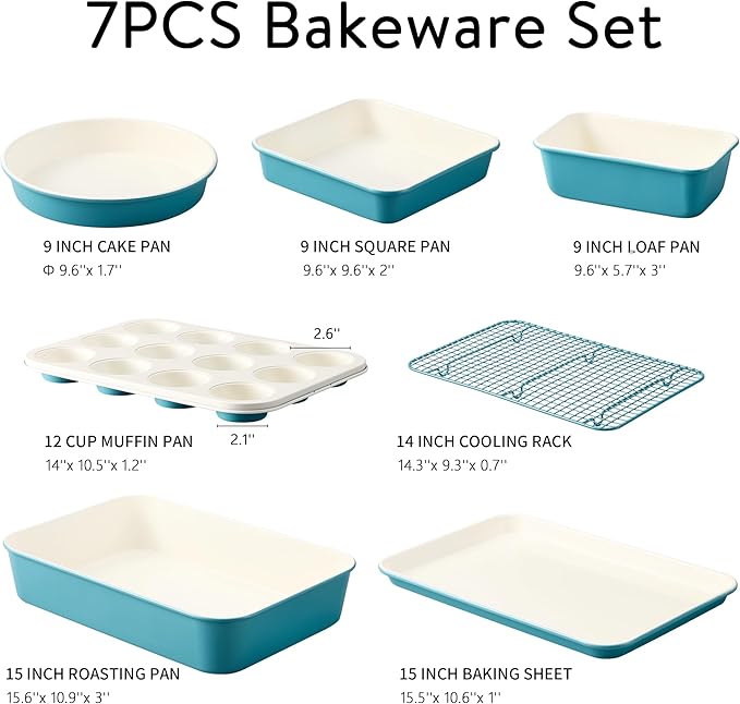 CAROTE 7-Piece Ceramic Baking Pans Set, Aluminized Steel Bakeware Sets, Toxin-Free Nonstick Stackable Oven Pans with Cookie Sheet, Muffin Pan, Loaf Pan, Roasting Pan, Cake Pans, Cooling Rack
