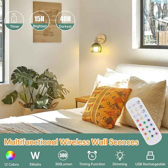 Vintage Battery Operated Wall Sconce with Green Tulip Glass Lampshade Rechargeable Battery Powered Wall Light with Remote Control for Bedside Bedroom Doorway