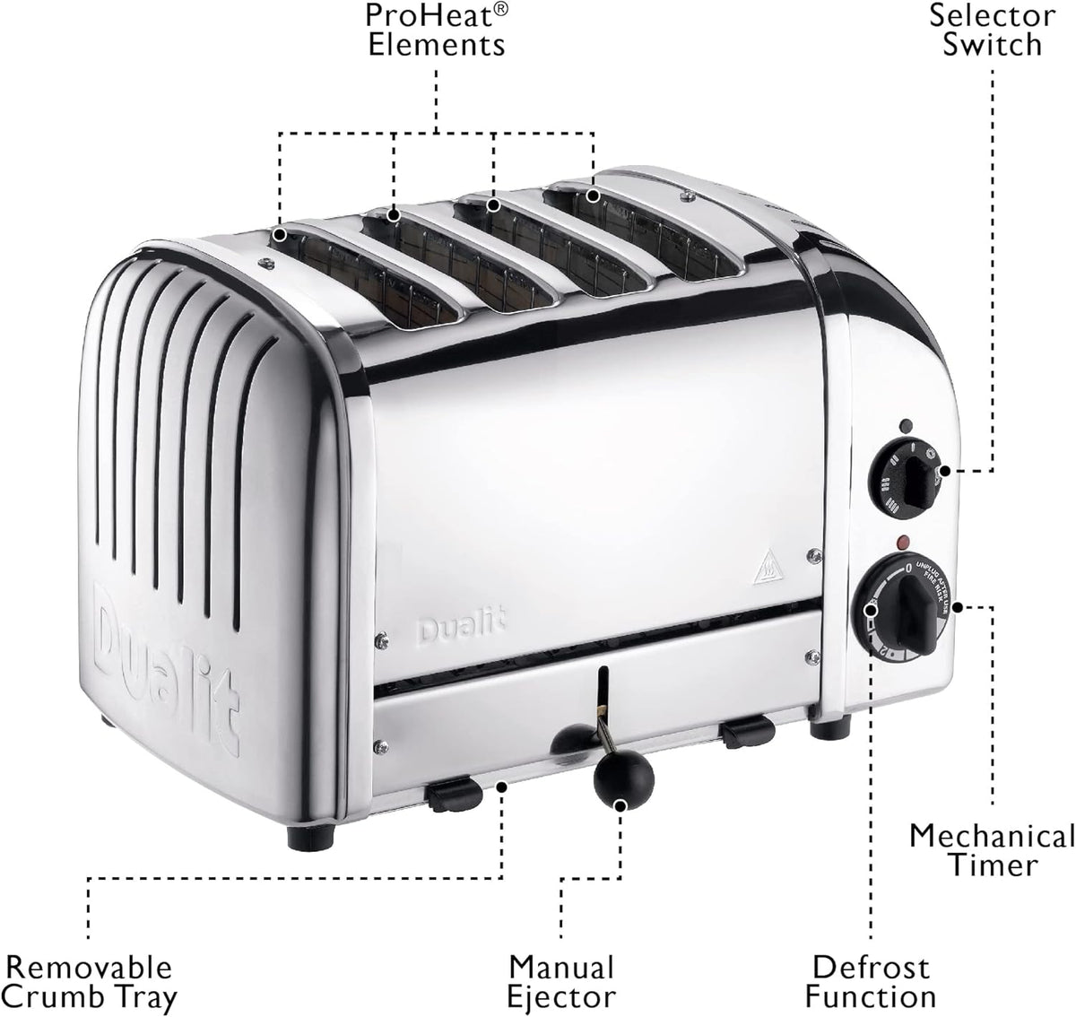 Dualit Classic 4 Slice NewGen Toaster - Stainless Steel - Hand Built in the UK - Replaceable ProHeat elements - Defrost Bread - Mechanical Timer - Polished Classic Toaster