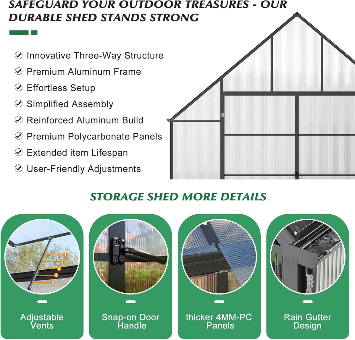 10x10x12 FT Heavy-Duty Greenhouse 2.0 with Polycarbonate Panels, Swing Door, Hinged Roof Vent, and Rain Gutters for Outdoor Use, Aluminum Black