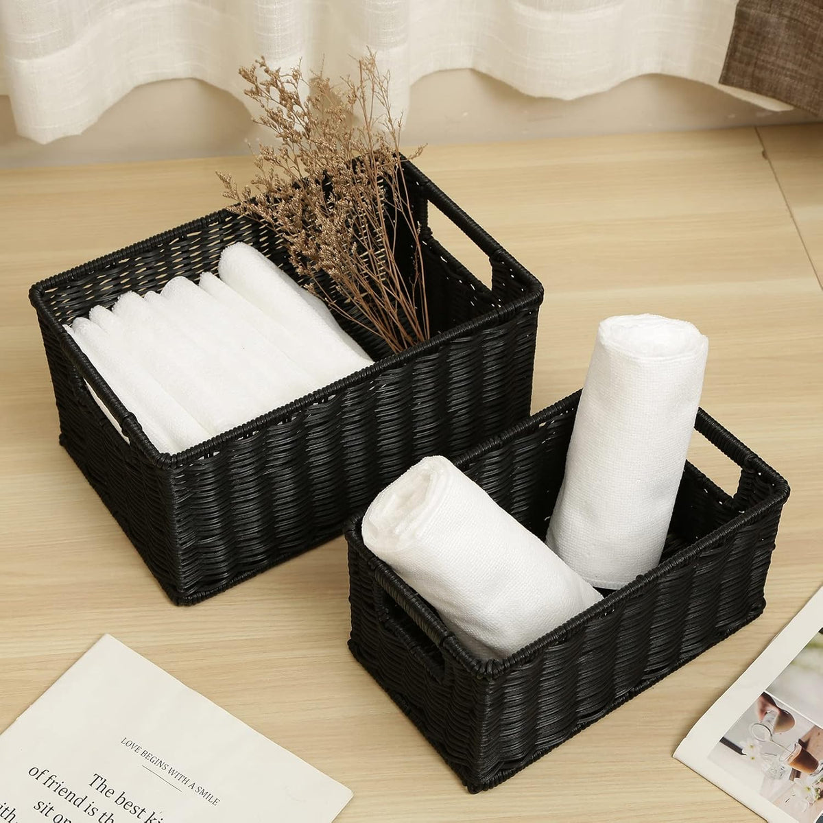 HOONEX Wicker Baskets for Storage, Plastic Baskets for Organizing with Dual Handles, Woven Baskets for Storage, Set of 2, Black