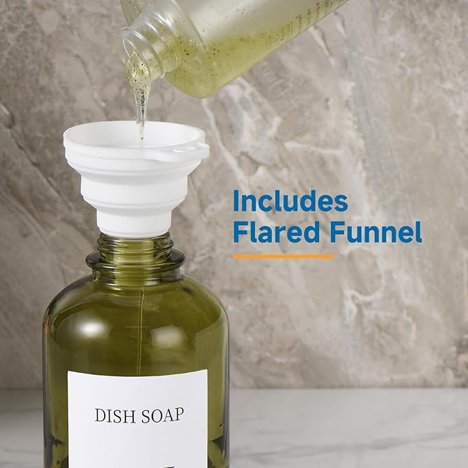 Glass Soap Dispenser with Pump, Dish and Hand Soap Dispenser for Kitchen Bathroom Set, Clear Glass Dispenser Set of 2 Pack with 18 Stickers Funnel Bamboo Tray 500ml 18oz Green