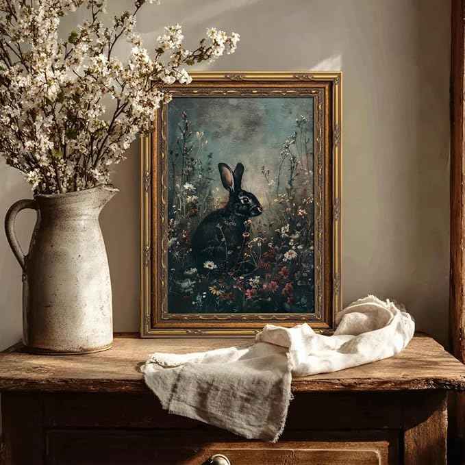 Vintage Gold Framed Bunny Wall Art Dark Moody Botanical Cottagecore Rabbit Painting Canvas Prints Dark Academia Floral Poster Gothic Black Animal Picture Artwork for Bedroom Living Room Decoation
