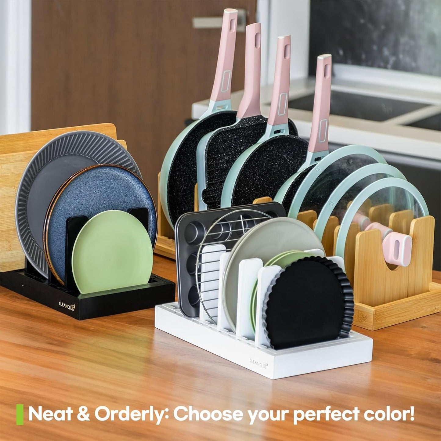 Pots and Pans Organizer under Cabinet, Bamboo Expandable Bakeware and Cutting Board Organizers, Adjustable Pot Lids Holder Rack, Cookie Sheet Baking Pan, Tray Organizer for Kitchen Storage (White)