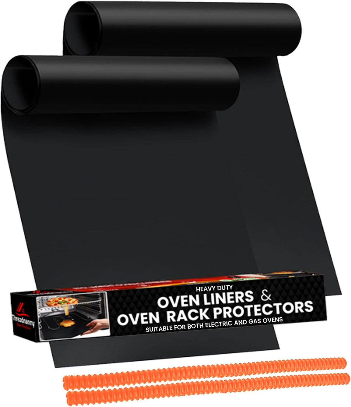 Oven Liners for Bottom of Oven Black (2-pack) Bundled with Rack Shield (2-pack) - Large Mat for Bottom of Range (17"x 25") and 22" Orange Stove Guards for Racks - Reusable & Heat Resistant