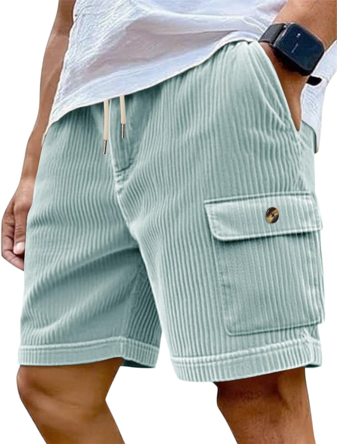 Mens Cargo Shorts Casual Drawstring Elastic Waist Corduroy Summer Beach Shorts with Pockets