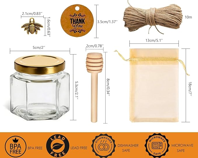 Adabocute Honey Pot 2oz, Mini Glass Honey Jars with Wood Dipper, Gold Lid, Bee Pendants, Beige Gift Bags, Thank-you Tags, Ideal for Baby Showers Favors Wedding Favors, 15 Pack
