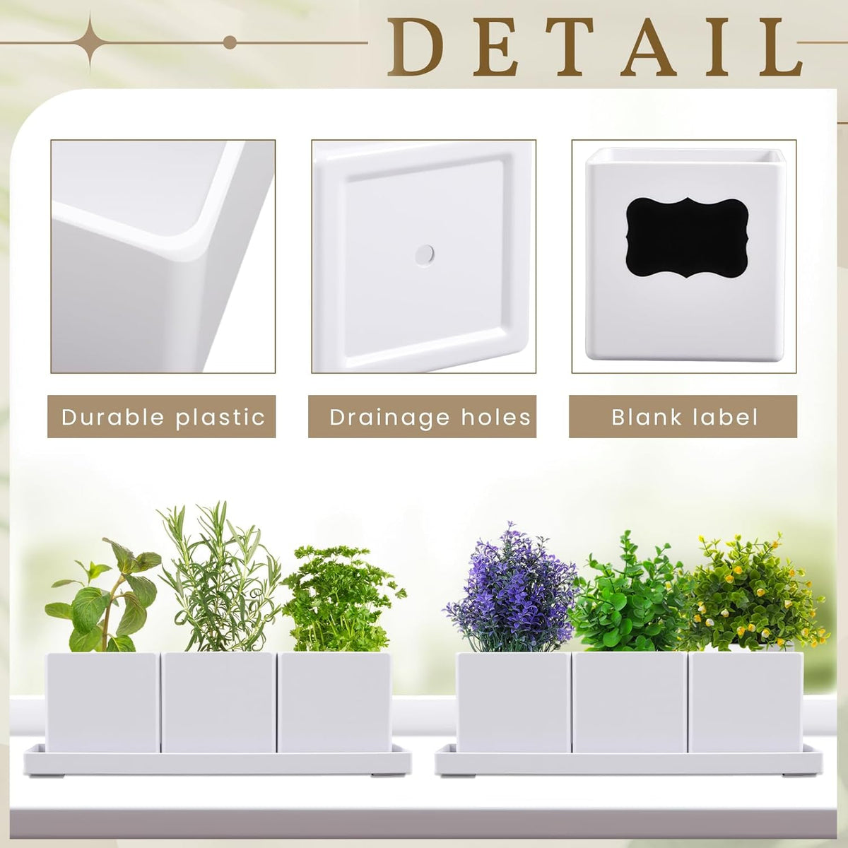 6 Pcs Herb Garden Planter Set Herb Garden Kit Indoor Plastic Plant Pots with Drainage and Saucer Succulent Cactus Vegetable Window Boxes Planter for Windowsill Indoor Outdoor Pots
