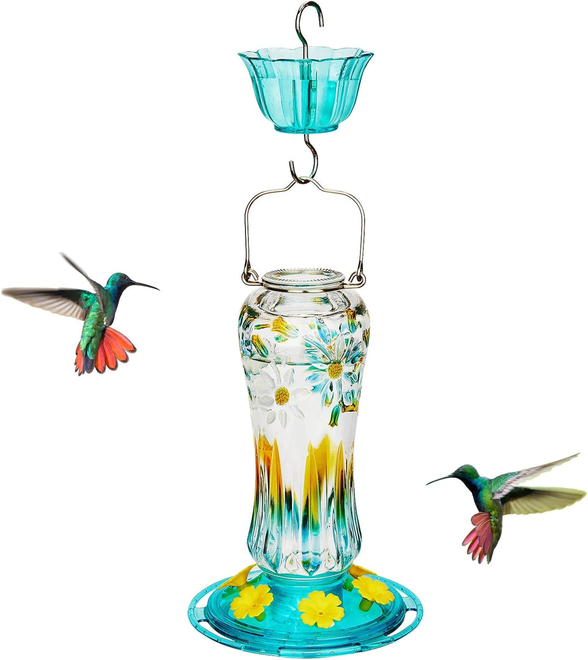 Kingsyard Hummingbird Feeder for Outdoors Hanging, 25 Ounces, Glass Humming Bird Nectar Feeder with Ant Moat & 6 Feeding Ports, Leak Proof, Turquoise