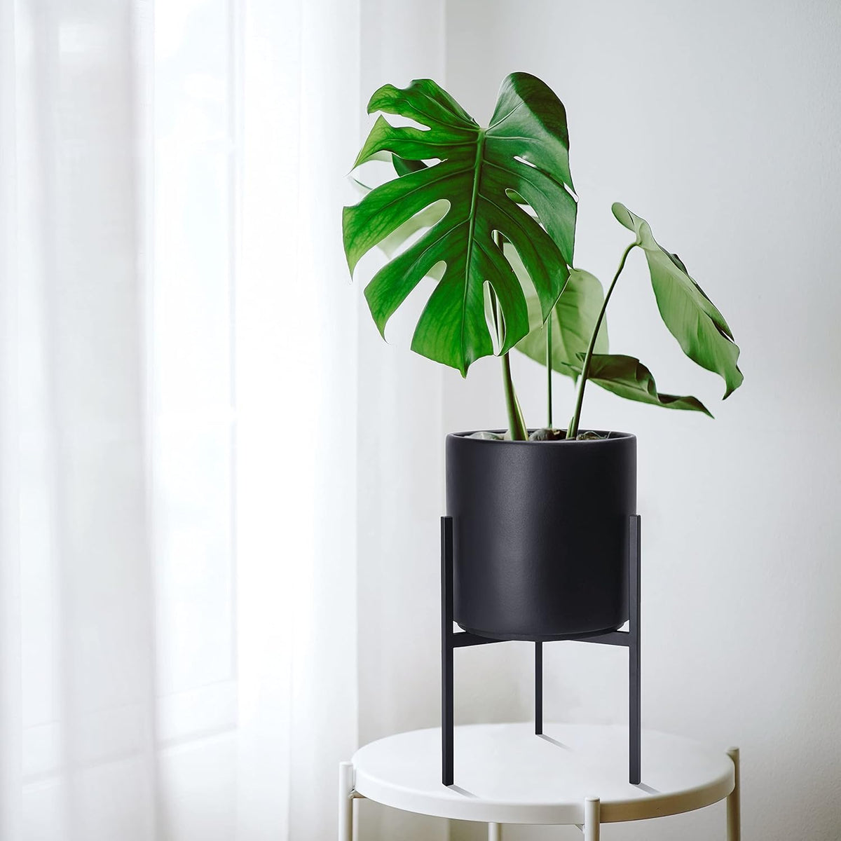 D'vine Dev Modern Black Plants Pot Cylinder Planter with Heavy Duty Stand, Small 8 Inch Pot, 12.6 Inch with Stand Height, 96-T-B-1