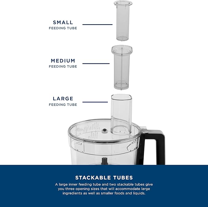 GE Food Processor | 12 Cup | Complete With 3 Feeding Tubes & Stainless Steel Accessories - 3 Discs + Dough Blade | 3 Speed | Great for Shredded Cheese, Chicken & More | Kitchen Essentials | 550 Watts