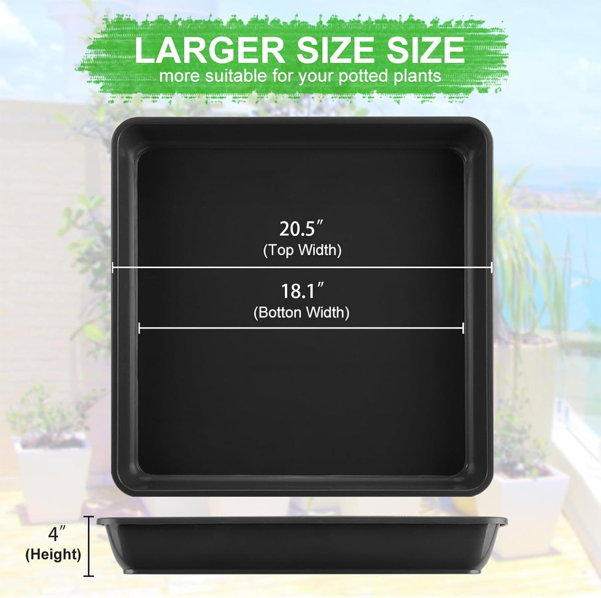 WAYNHUI Squared Plant Saucer 6/8/10/12/14/16/18/20inch Square Plastic Basin Tray Large/Small Water Receiving Tray (Black 20inch 3pack)