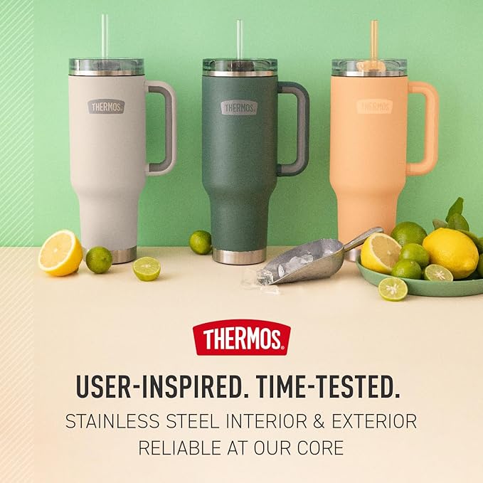 THERMOS Stainless Steel Cup Holder Mug - 40 Ounce, Melon - Insulated Tumbler with Lid and Straw, Plus Leak-Resistant Slide Lock