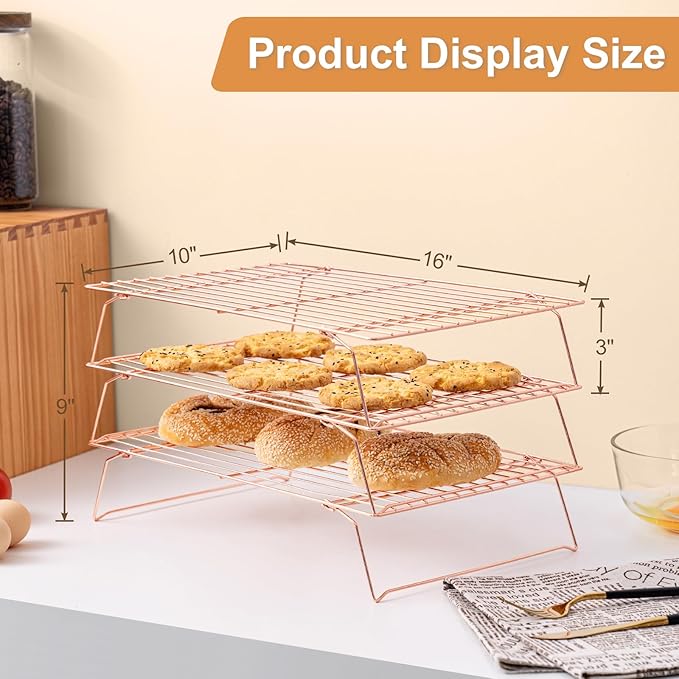 Cooling Rack for Baking 3 Tiers, 16" x 10" Cookie Cooling Wire Rack Stackable Collapsible Nonstick, Stainless Steel Baking Cooking Cooling Racks with Optimum Air Flow, Rose Gold
