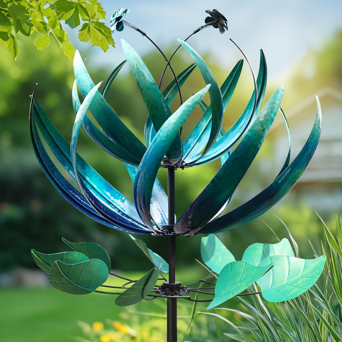 LimeHill Wind Spinner for Yard and Garden - Large Metal Windspinners for Outdoor Decorations (Blue Lotus (24 X 84 Inches))