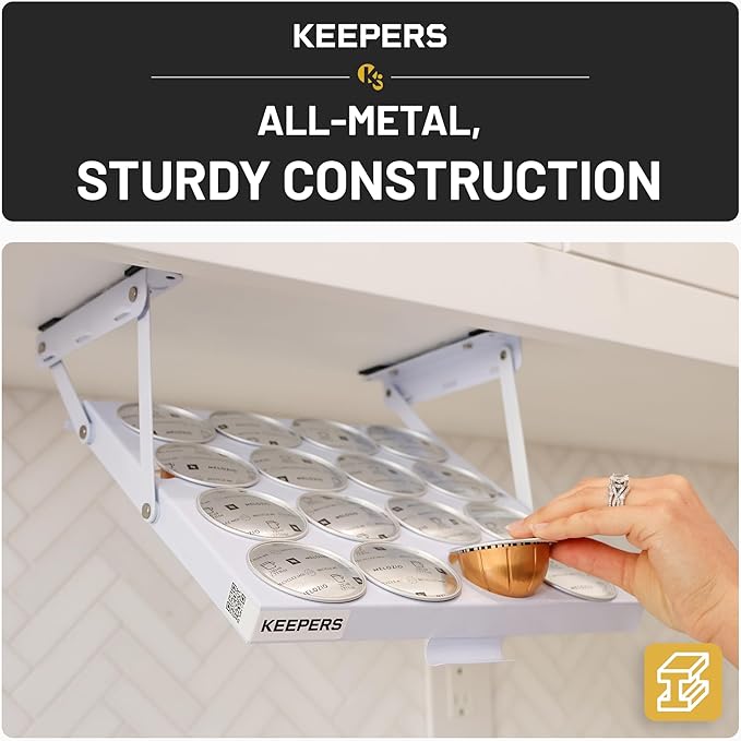 KEEPERS Nespresso® Vertuo® Pod Holder|Under Cabinet Swing Down Coffee Pod Organizer|Keurig® Coffee Pod Holder|K Cup Holder Storage Organizer|Magnet Steel RV Office Small Kitchen 10 x 9in WHITE