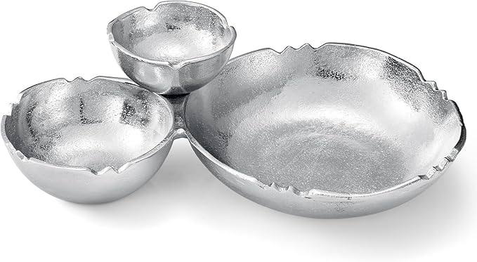 3 Cluster Decorative Bowls Bright Silver Snack Tray Bowl Chip & Dip Serving Piece Strong Brass Centerpiece Beautiful Room Accent & Entertaining Parties Home Decor Wedding Gifts 14.6 Inch Decorative