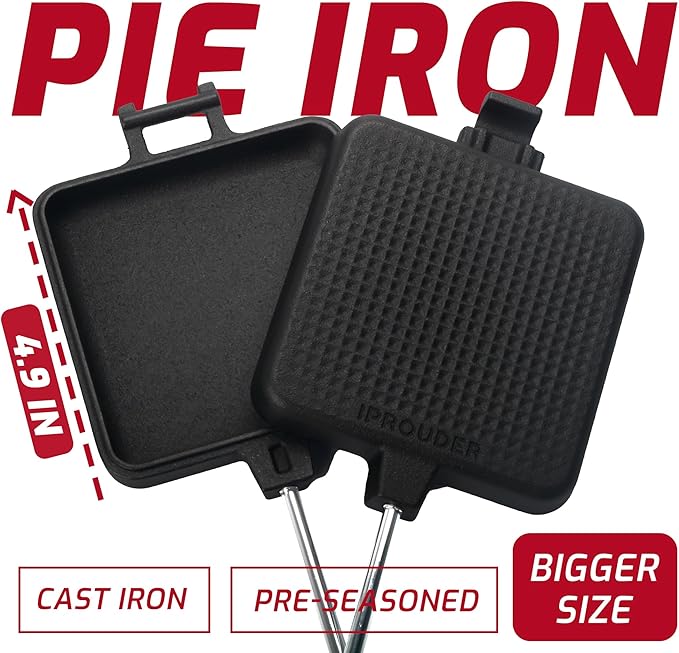 Campfire Pie Iron 4.9" Large Cast Iron Sandwich Maker for Camping 4 Pcs with Storage Bag - 22.6 inch Thickened Handles - Campfire Cooking Equipment for Grilling & Outdoor Cooking