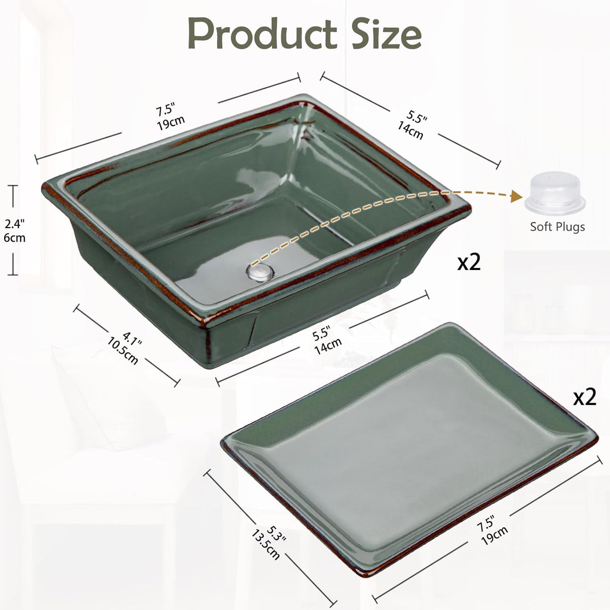 Ceramic Bonsai Pots with Drainage Trays Set of 2, Green Glazed Bonsai Planters for Indoor/Outdoor Use, Rectangular Shallow Bonzai Tree Pot for Succulent, Orchids, Cacti, Home, Patio, Garden, 7.5"x5.5"