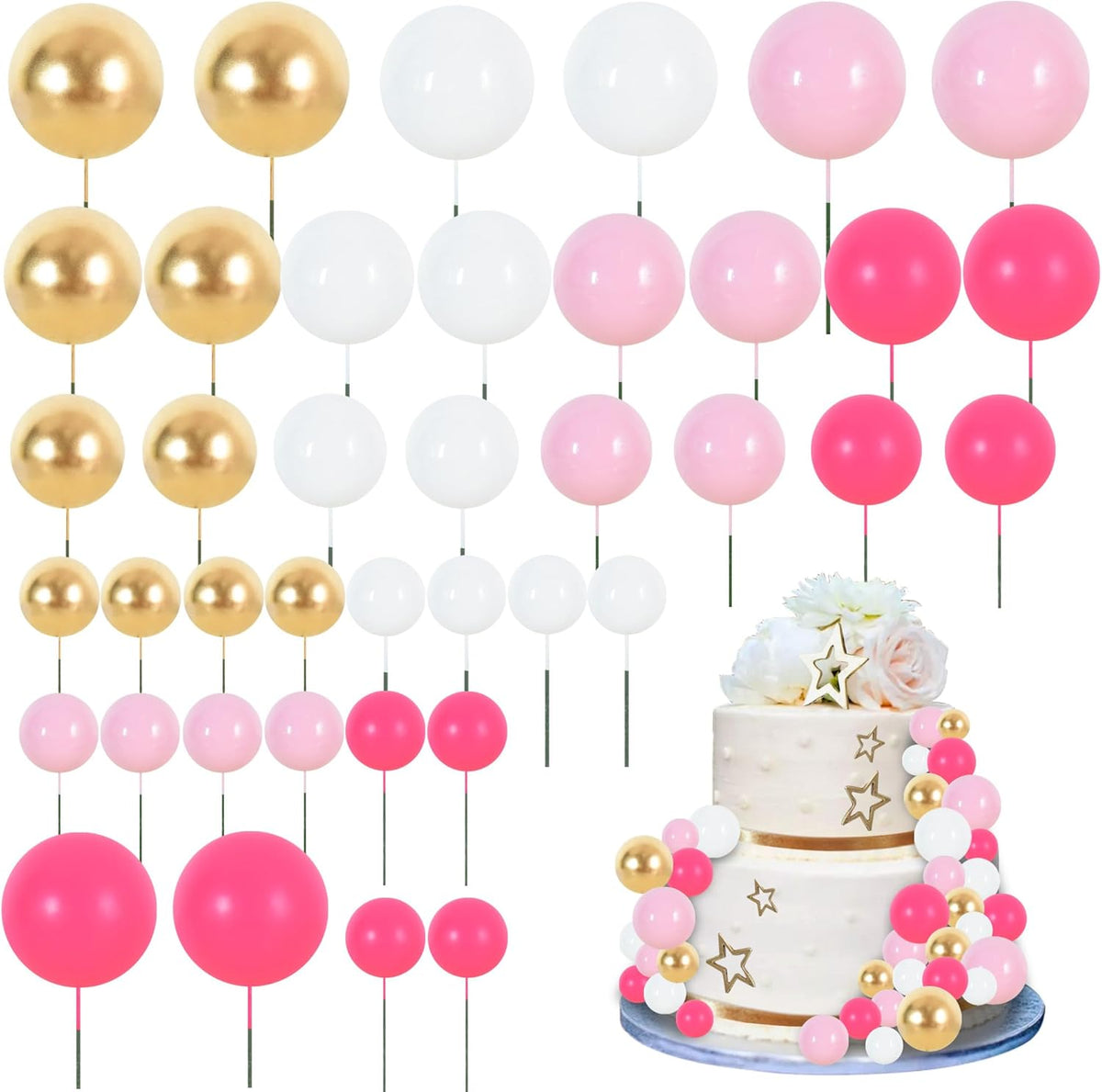 BEISHIDA 40 Pcs Foam Ball Cake Toppers with Sticks Mini Cake Decorations for Birthdays, Weddings, Baby Showers, DIY Baking Supplies, Anniversary Party (Hot Pink，Pink，White，Gold)