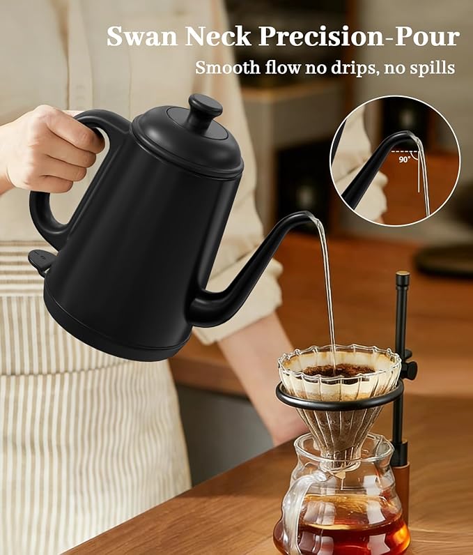 Gooseneck Electric Kettle 1L, 1000W Fast Boiling for Pour-Over Coffee & Tea, 304 Stainless Steel BPA-Free, Precise Flow Spout, Auto Shut-Off & Boil-Dry Protection, Retro Style (Black)