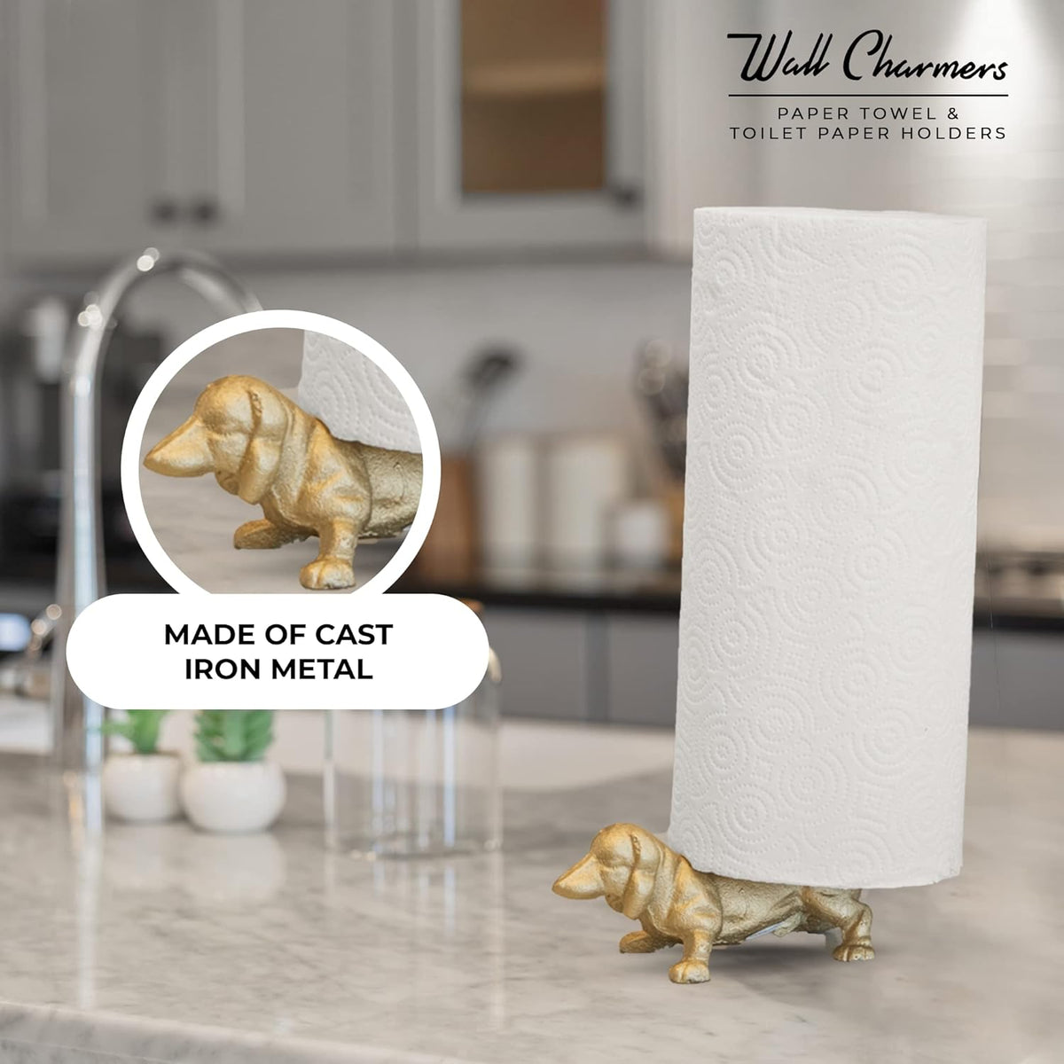 WallCharmers Gold Paper Towel Holder, Metal Toilet or Kitchen Paper Holder for Floor or Countertop, Gold Dog