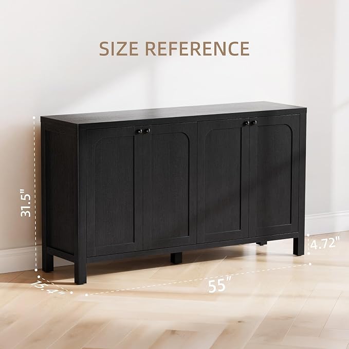 55" Black Sideboard Buffet Cabinet with Storage Modern Credenza with Doors Heavy Duty Wood TV Media Console Table Accent Cabinet for Living Room Hallway Entryway