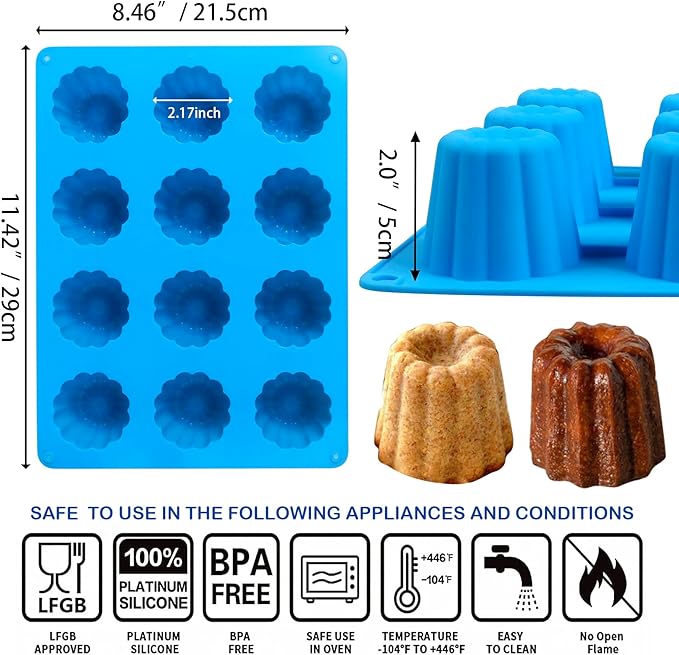 Sidosir 2Pcs Canele Mold Silicone, 12-Cavity Nonstick Canele Silicone Baking Cake Pan for Bread Muffin
