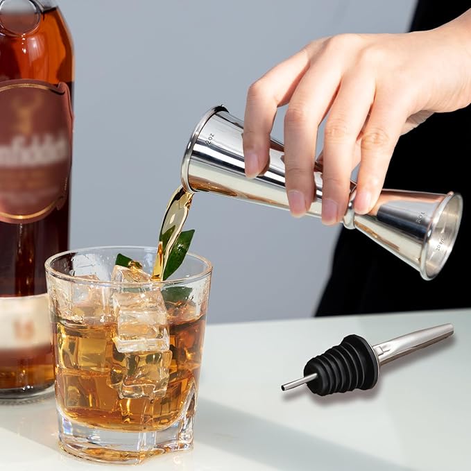 Briout Jigger and 2 Pourers, Double Cocktail Jigger Japanese Premium 304 Stainless Steel Jigger 2 OZ and 1 OZ with Measurements Inside