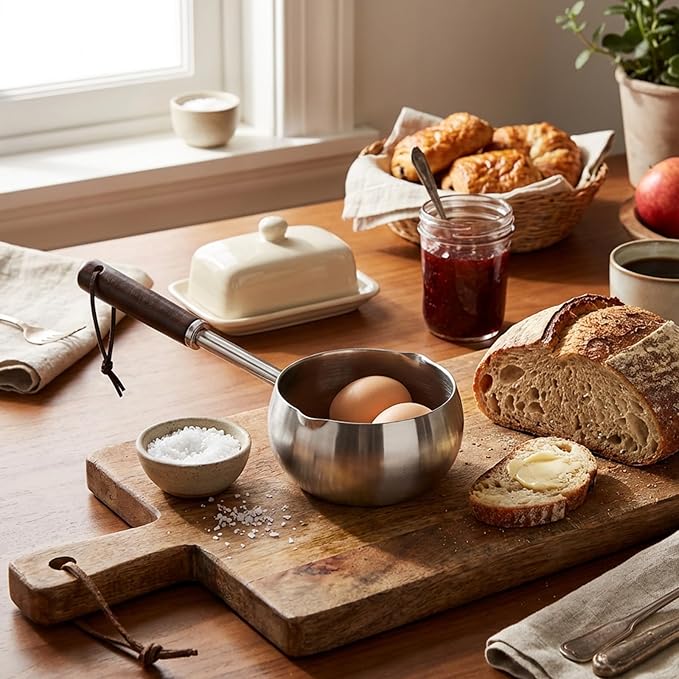 Mini Milk Warmer Pot, 15 OZ/450 ml Stainless Steel Melting Pot, Hot Oil Pan with Wood Handle, Dual Spouts Small Saucepan for Seafood Butter Chocolate Cooking Restaurant Kitchen Camping