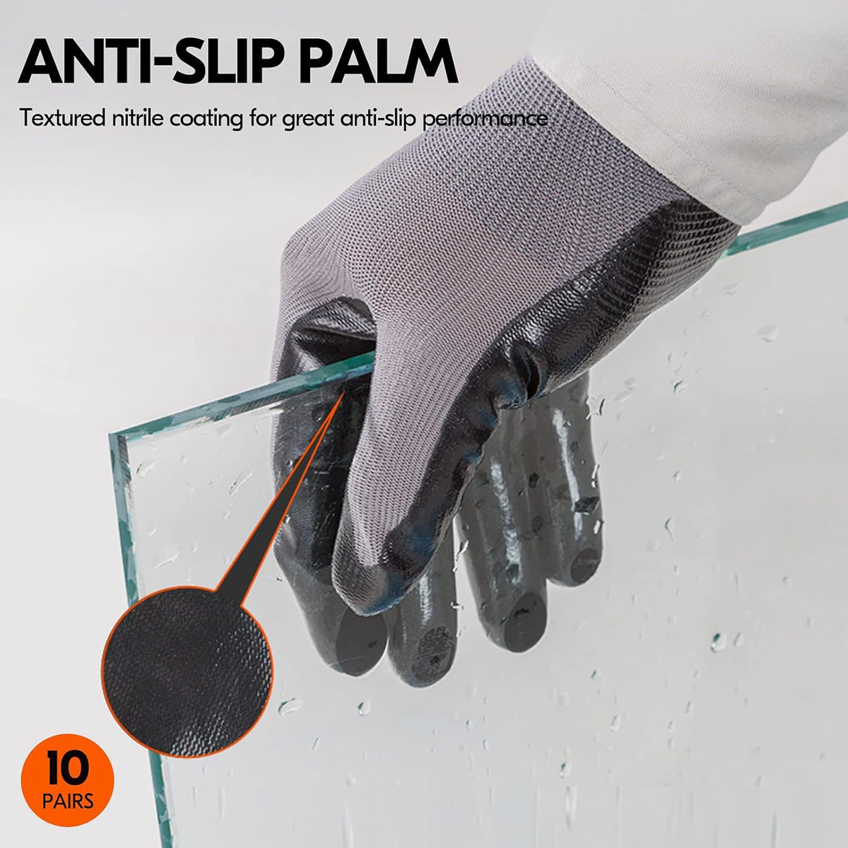 Vgo... 10-Pairs Safety Work Gloves, Gardening Gloves, Non-slip Nitrile coating, Dipping Gloves (Size L, Gray, NT2110)