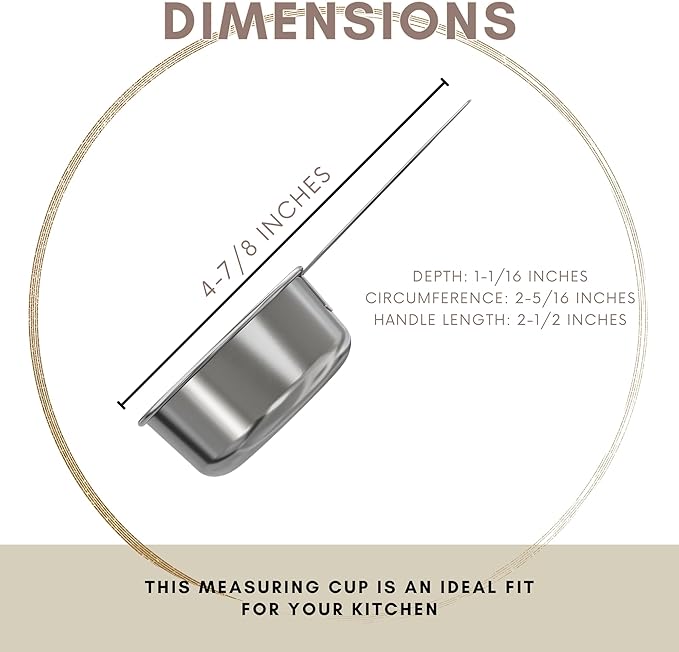 1/4 Cup Stainless Steel Measuring Cup | Sturdy Metal 60 ml | 60 cc | 2 oz | Single Cup for Wet and Dry Ingredients | Great for use as 1/4 Cup Dog Food Scoop - 4 PK