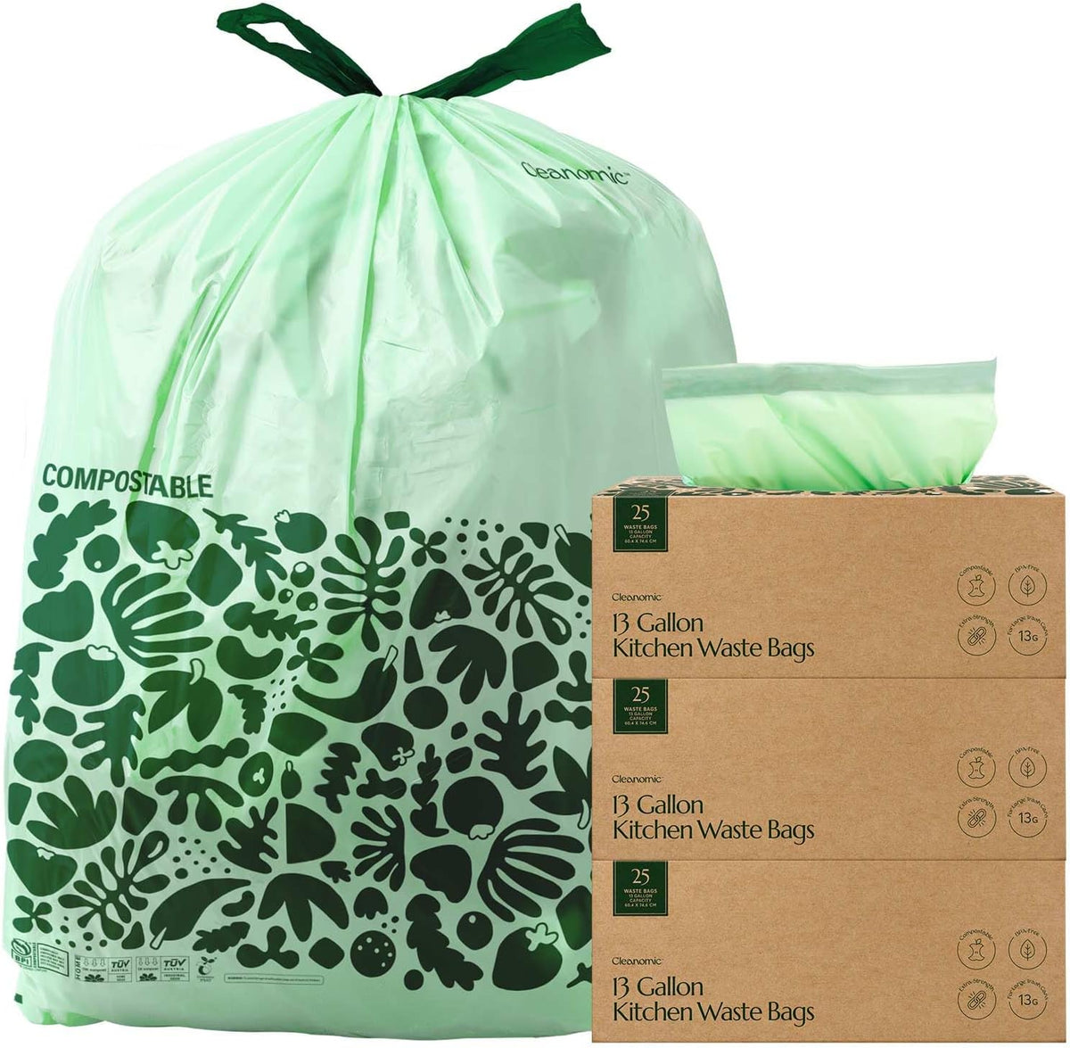 Cleanomic Compostable* 13 Gallon Trash Bags with Drawstring (3 Pack, 75 Count), BPI Certified For Kitchen Compost