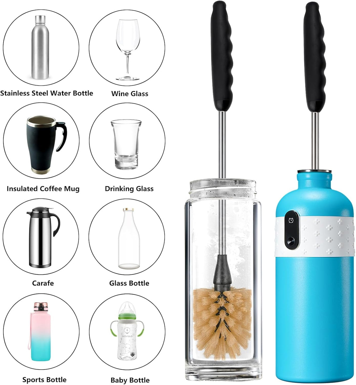 Stainless Steel Long Handle Water Bottle Brush, Flexible Scrubbing Brush for Cleaning Water Bottles, Baby Water Bottles, Glassware, Food Jars, Sports Jugs, Sobriety Jugs, 2 Pack, 15 in.