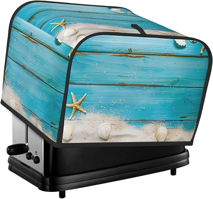 Seashells Starfish Blue Wood Covers for 4 Slice Toasters,Cute Country Bread Machine Cover with Handle,Washable Stain Resistant Kitchen Small Appliance Cover Dining Decor