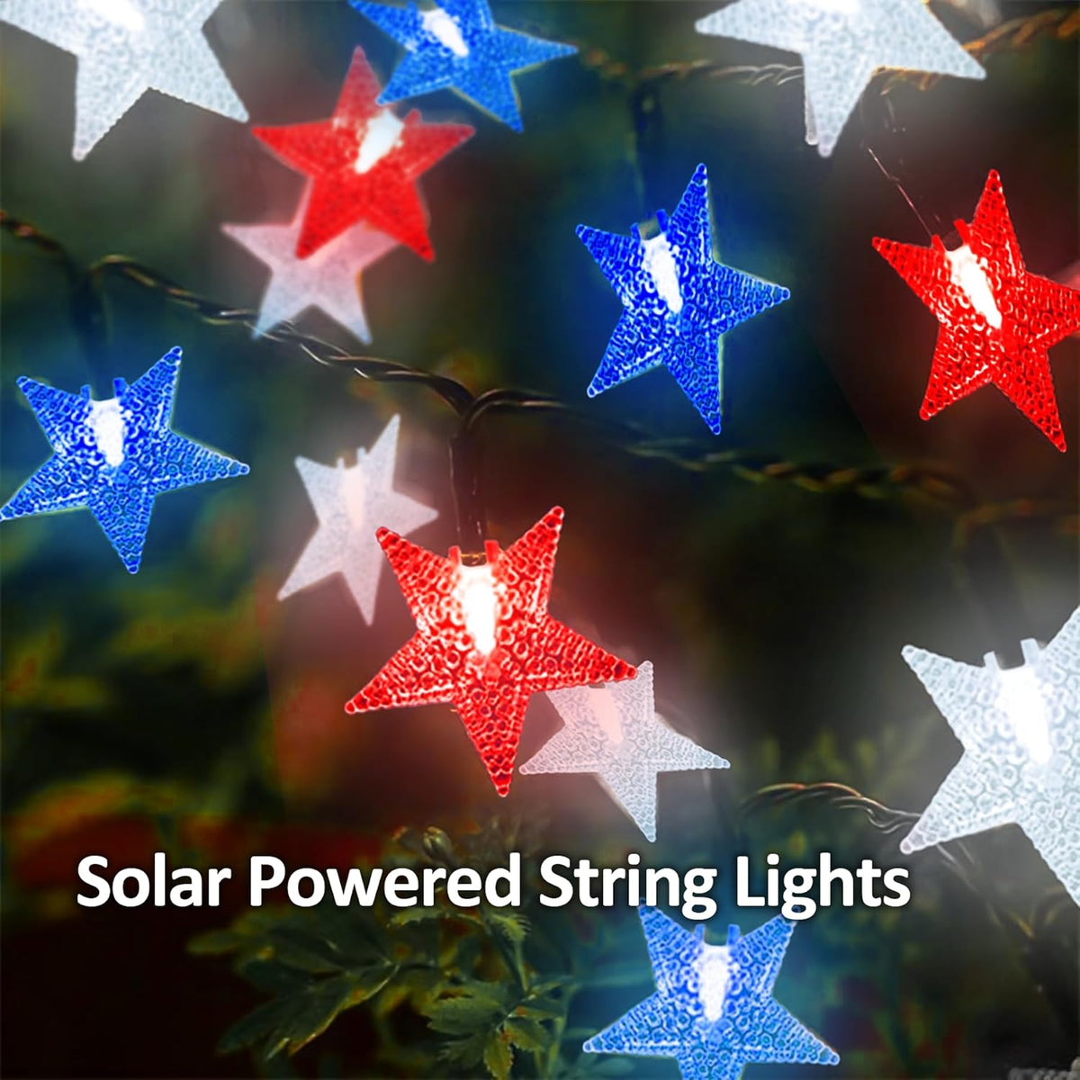 4th of July Twinkle Solar Star String Lights Decorations Outdoor Waterproof Fairy Lights 39FT Red White and Blue 100 LED with 8 Lighting Modes for Independence Day President Day Memorial Day