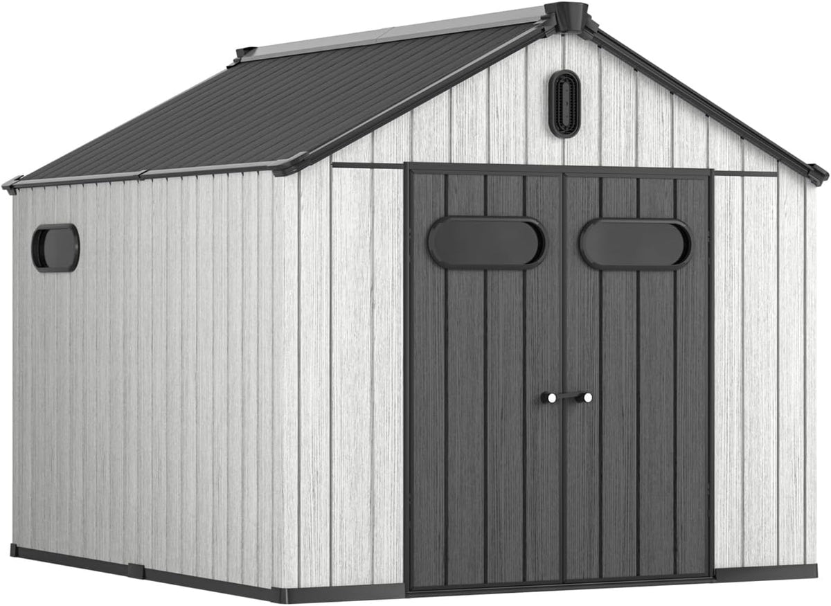 Aoxun 10X8FT Outdoor Shed with Floor, Resin Storage Shed with Lockable Door, Garden Utility Tool Shed Storage House for Backyard, Patio, Lawn