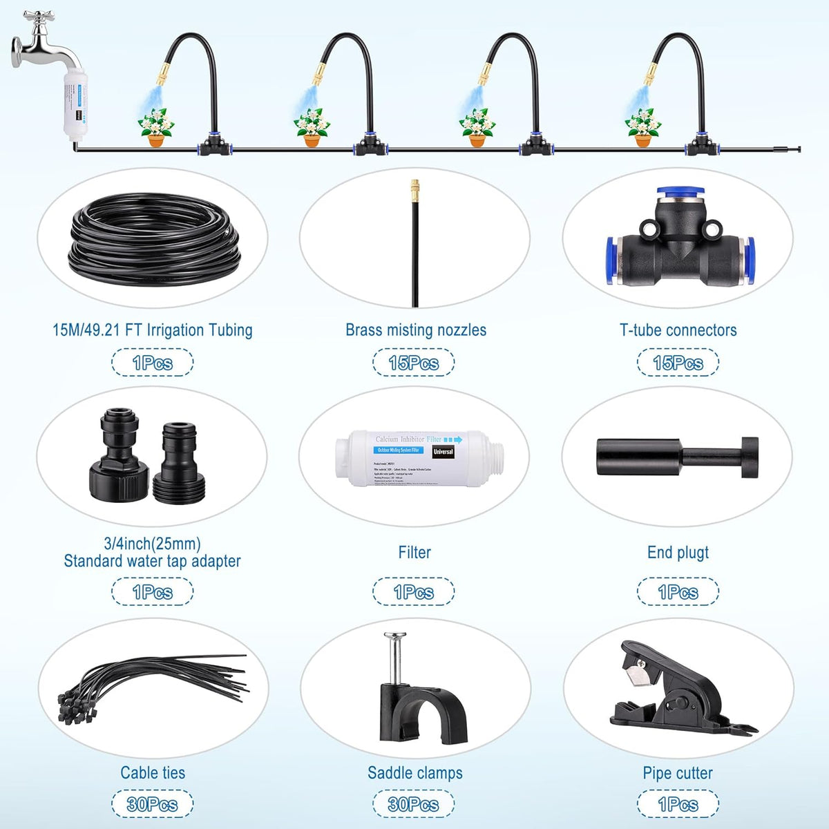 Mornajina Automatic Drip Irrigation Kits Garden Irrigation System, Includes Calcium Inhibitor Filter & 50FT 5/16 inch Irrigation Tubing Hose & 15Pcs 360° Bending Dropper Atomizing Mist Nozzles Tee