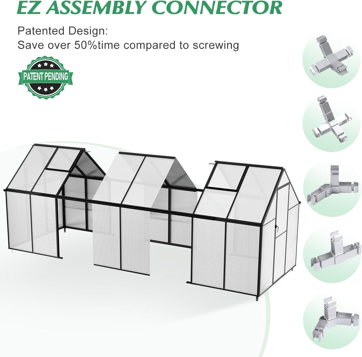 6'x12' Snap-Together Greenhouse - Easy 3-Way Connectors, Heavy-Duty Aluminum Frame, Wind/Snow Resistant for Gardening/Urban Farming, Includes Sliding Door and Ventilation Windows