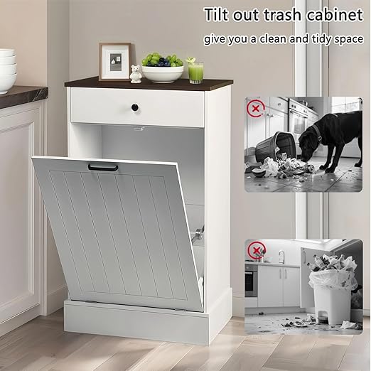 10 Gallon Tilt Out Trash Cabinet –Hidden Wooden Garbage Recycling Cabinet,Pet Proof Trash Can Holder with Storage for Kitchen Bathroom Living Room White