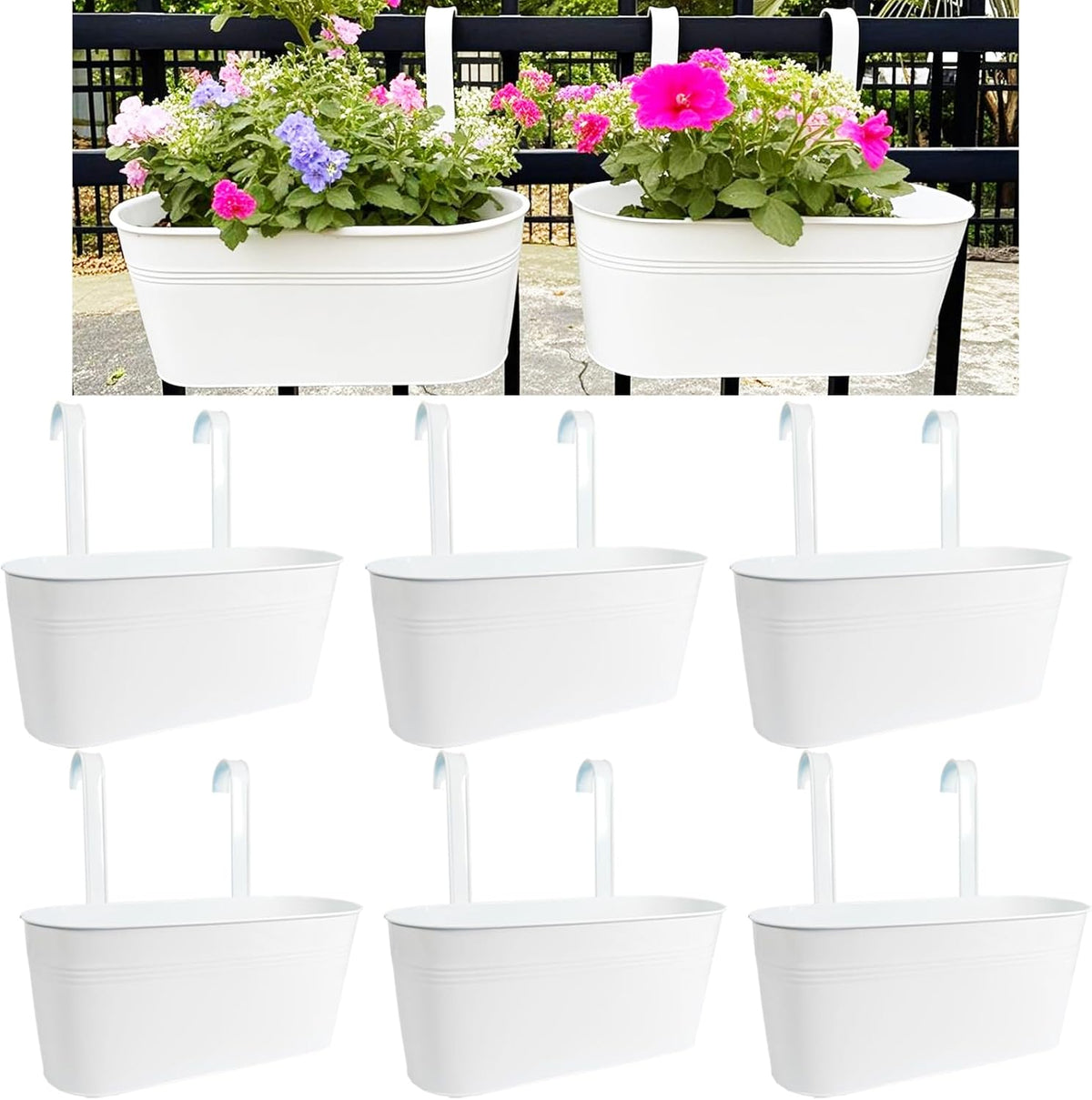 Hanging Planters for Outdoor Plants, 17" Railing Planter Pots, Metal Fence Flower Pot for Porch Balcony with Detachable Hook (White, Pack of 6)