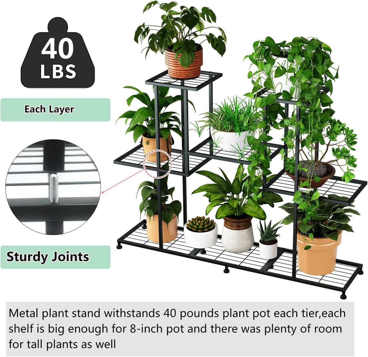 Metal Plant Stand, 5 Tiers Multifunctional Plant Stands for Indoor Plants, Decorative Black Steel Plant Shelf for Indoor Patio Garden Balcony and Yard (4 tiers 12 pots)